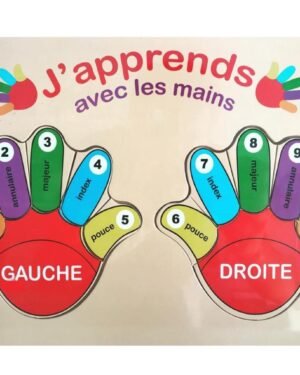 Puzzle éducatif en bois “J’apprends avec les mains” pour enfants – Motricité fine, apprentissage tactile et couleurs, Maroc