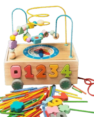 Boîte d’activités en bois Montessori 5 en 1 avec voiture à tirer, labyrinthe à perles, horloge, chiffres et bâtonnets