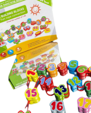 Jeu d’enfilage Montessori avec chiffres colorés en bois
