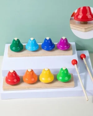 Cloche à 8 tons en bois Montessori, jouet musical éducatif au Maroc pour développer écoute, rythme, motricité fine et créativité des enfants.