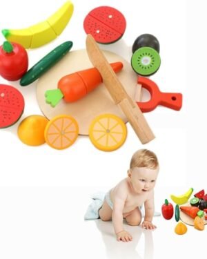 Fruits et légumes en bois magnétiques avec planche de découpe et couteau pour enfant, jouet éducatif de découpage et d’assemblage.