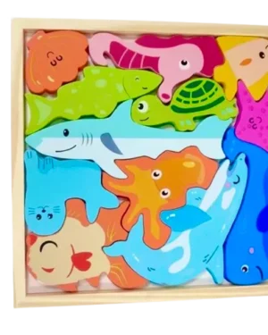 Méga Tangram des animaux marins en bois – Jouet éducatif pour enfants, stimule motricité fine et créativité, disponible au Maroc