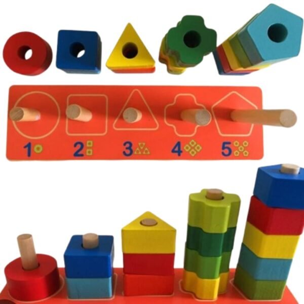 Jeu en bois avec chiffres de 1 à 5 et formes à empiler pour apprentissage des nombres et coordination main-œil