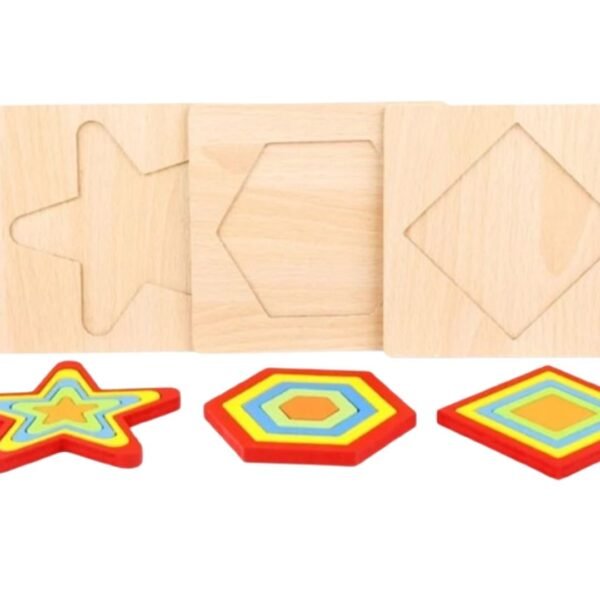 Jeu éducatif à empiler avec formes géométriques en bois : cercle, triangle et carré multicolores