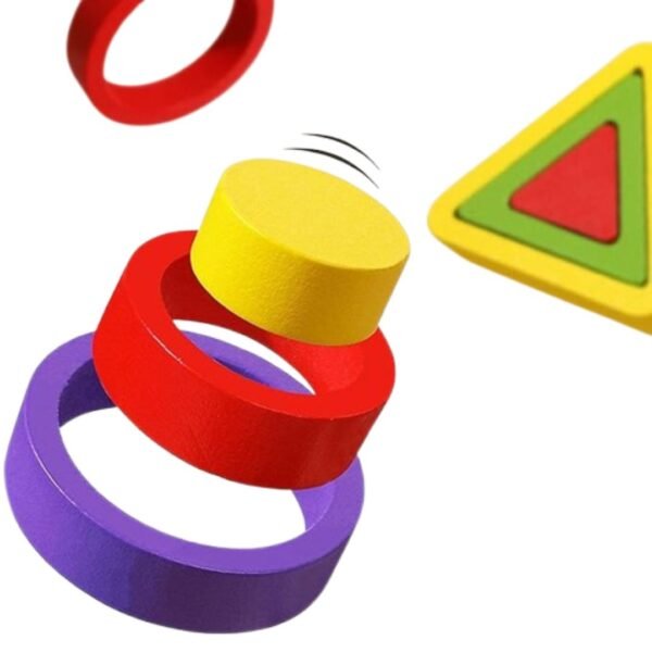 Jeu éducatif à empiler avec formes géométriques en bois : cercle, triangle et carré multicolores