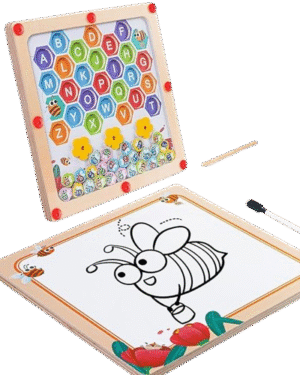 Tableau éducatif Montessori 2-en-1 avec labyrinthe magnétique pour lettres et surface effaçable, incluant 26 lettres colorées, stylo en bois aimanté et feutre.