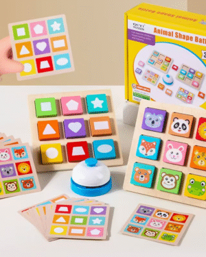 Jeu éducatif en bois pour enfants avec formes animales et cartes défis.